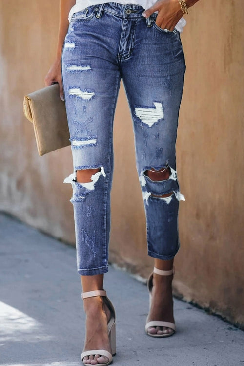 Fading Distressed Holes Crop Jeans