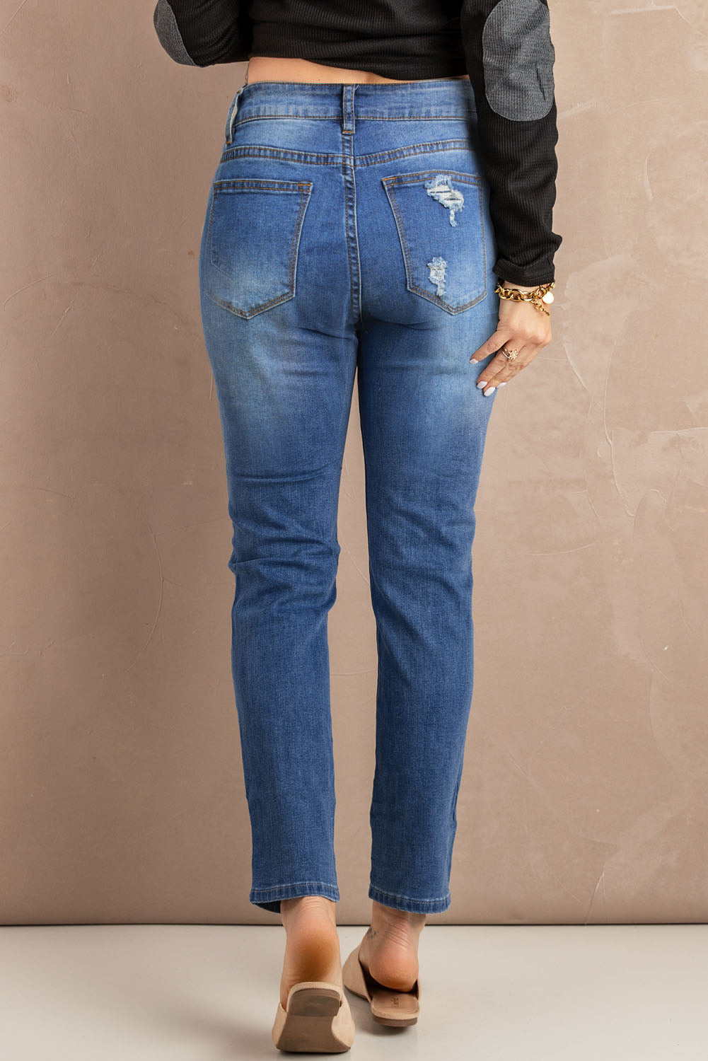 Blue Hollow Out Vintage Skinny Ripped Jeans