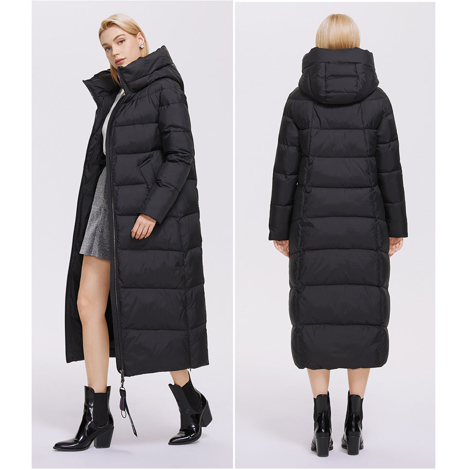 Hooded Stand Collar Coat Extra Long Thermal And Windproof Zipper Cotton-padded Coat