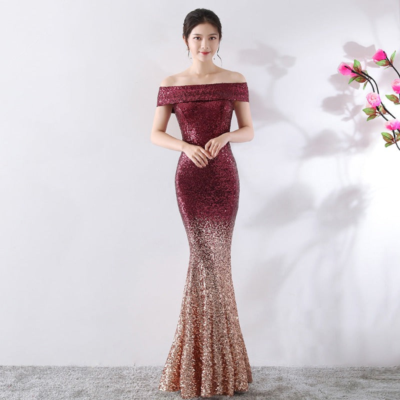 Two Tone Glitter Shine Off-shoulder Long Dress