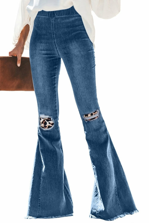 Plaid Patchwork Bell Bottom Jeans With Frayed Hem