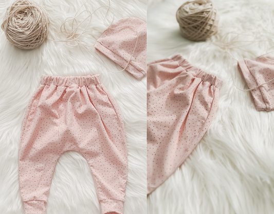 Pearl Pink with Gold Dot Harem Baby Pants and Hat