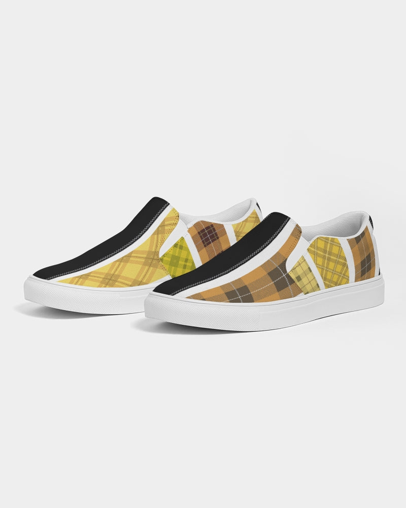 Mens Sneakers Slip On Canvas Yellow and Black Tartan Pattern