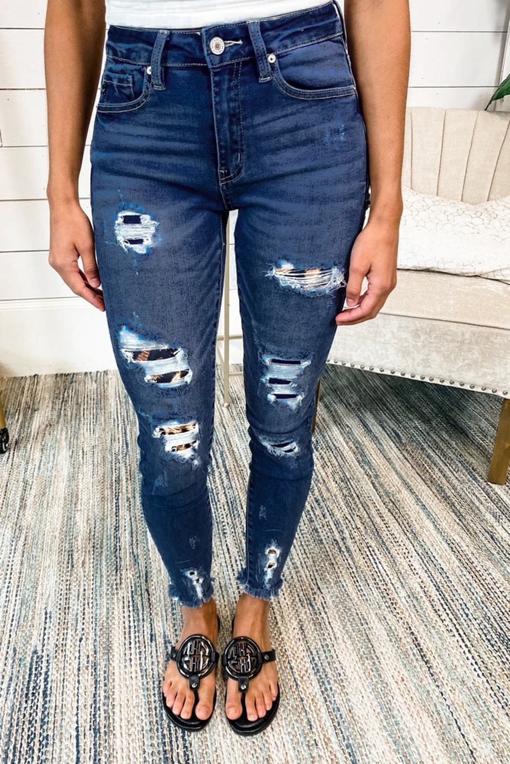 Dark Blue Leopard Patch Distressed Skinny Jeans