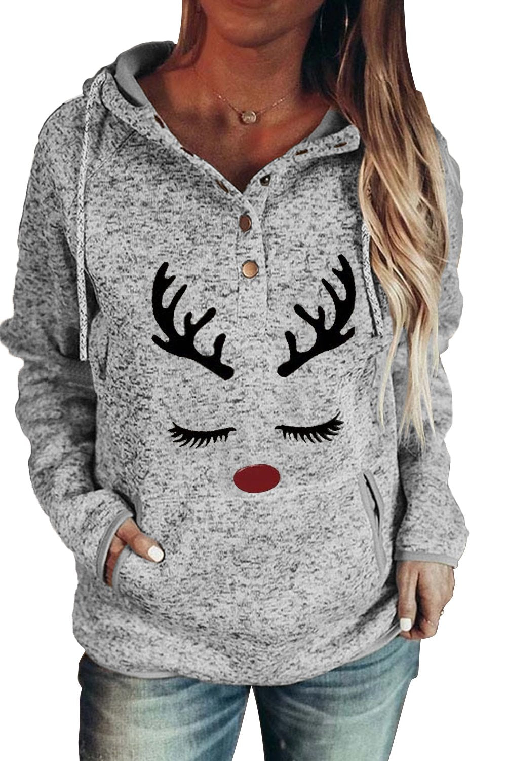 Christmas Reindeer Print Button Kangaroo Pocket Hoodie