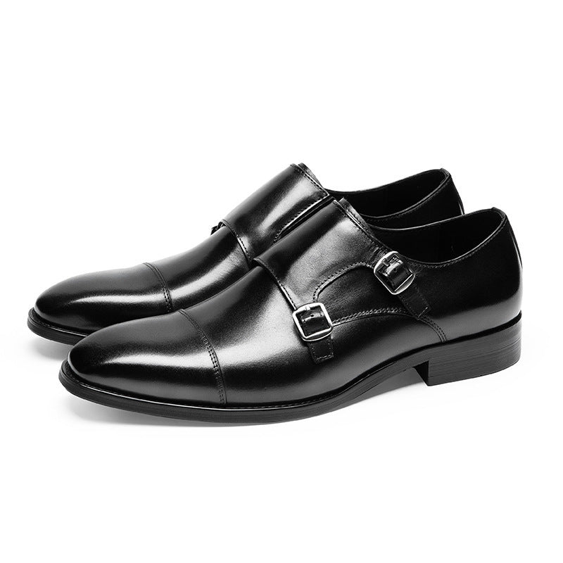 Double Buckle Design First Layer Cowhide Men's Business Leather Shoes