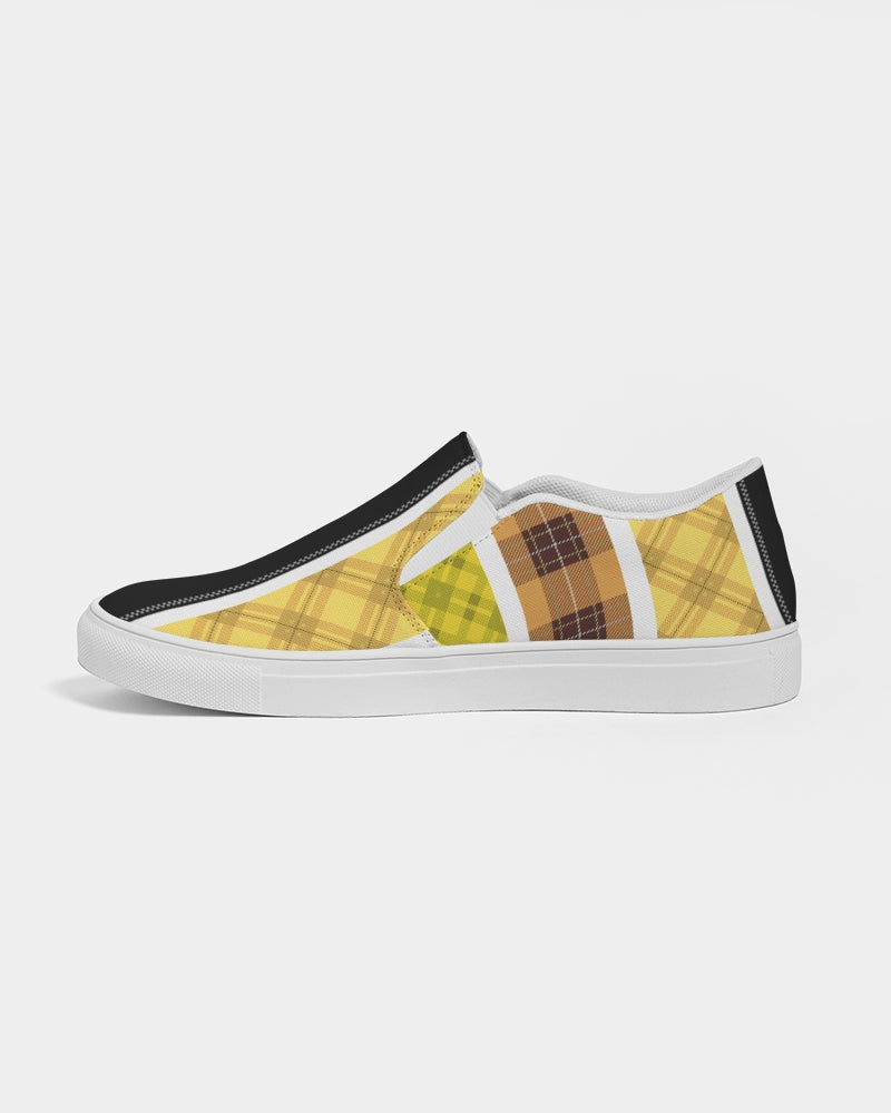 Mens Sneakers Slip On Canvas Yellow and Black Tartan Pattern