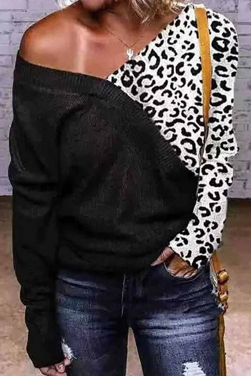 Cold Shoulder Leopard Splicing Knitted Sweater