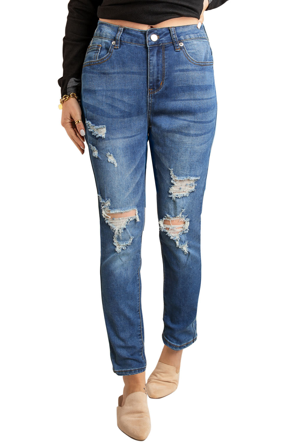 Blue Hollow Out Vintage Skinny Ripped Jeans