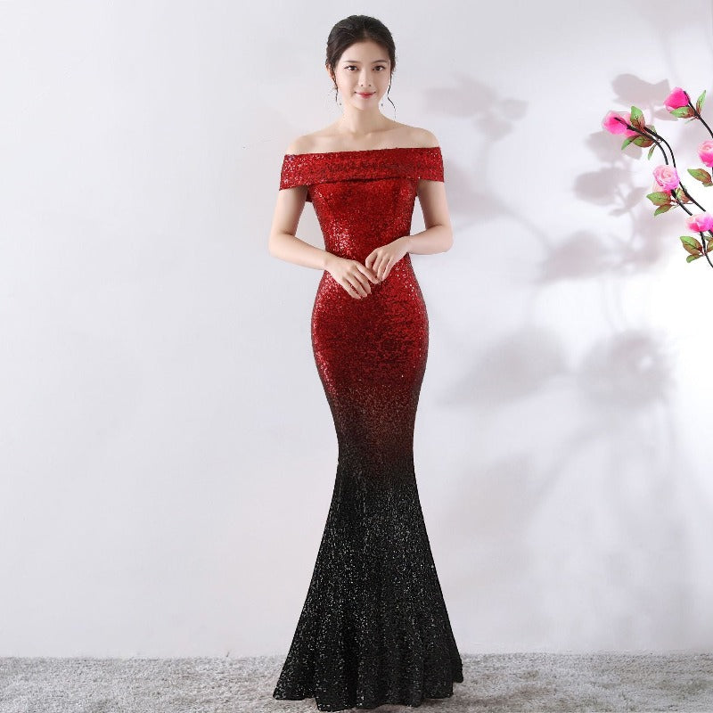 Two Tone Glitter Shine Off-shoulder Long Dress