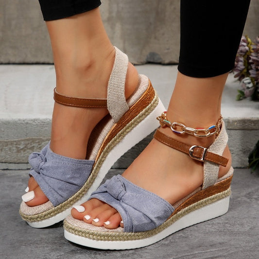 Casual Linen Buckle Wedges Bow Sandals