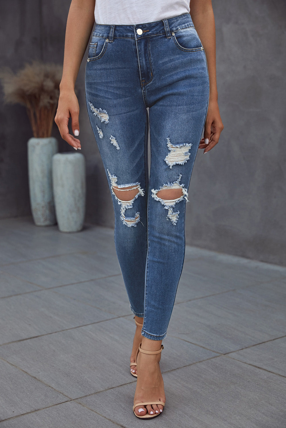 Blue Hollow Out Vintage Skinny Ripped Jeans