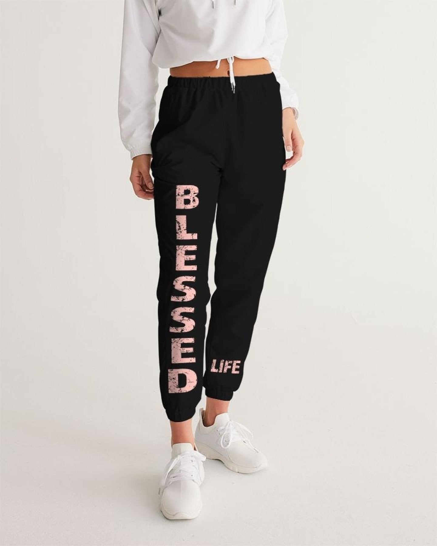 Womens Track Pants - Black & Peach Blessed Graphic Sports Pants