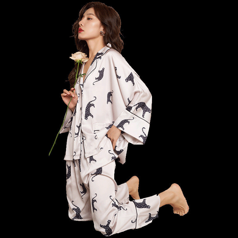 New Ice Silk  Sleeve Digital Print Leopard Pajama Women