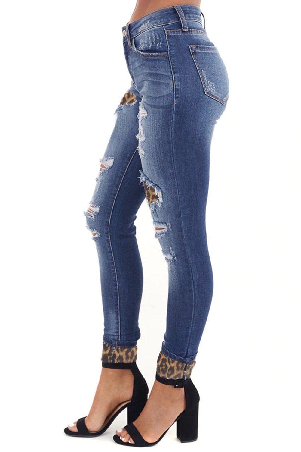 Hollow Out Leopard Patchwork Distressed Jeans