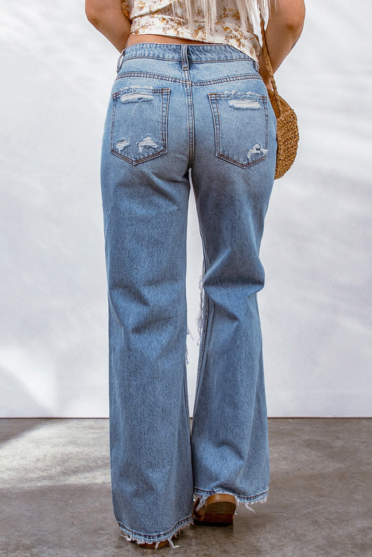 Sky Blue Destroyed Open Knee Wide Leg Jeans