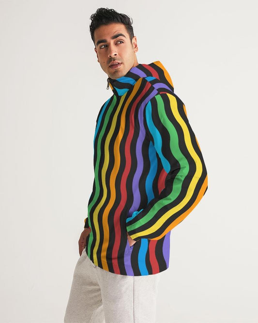 Mens Hooded Windbreaker - Rainbow Striped Water Resistant Jacket -