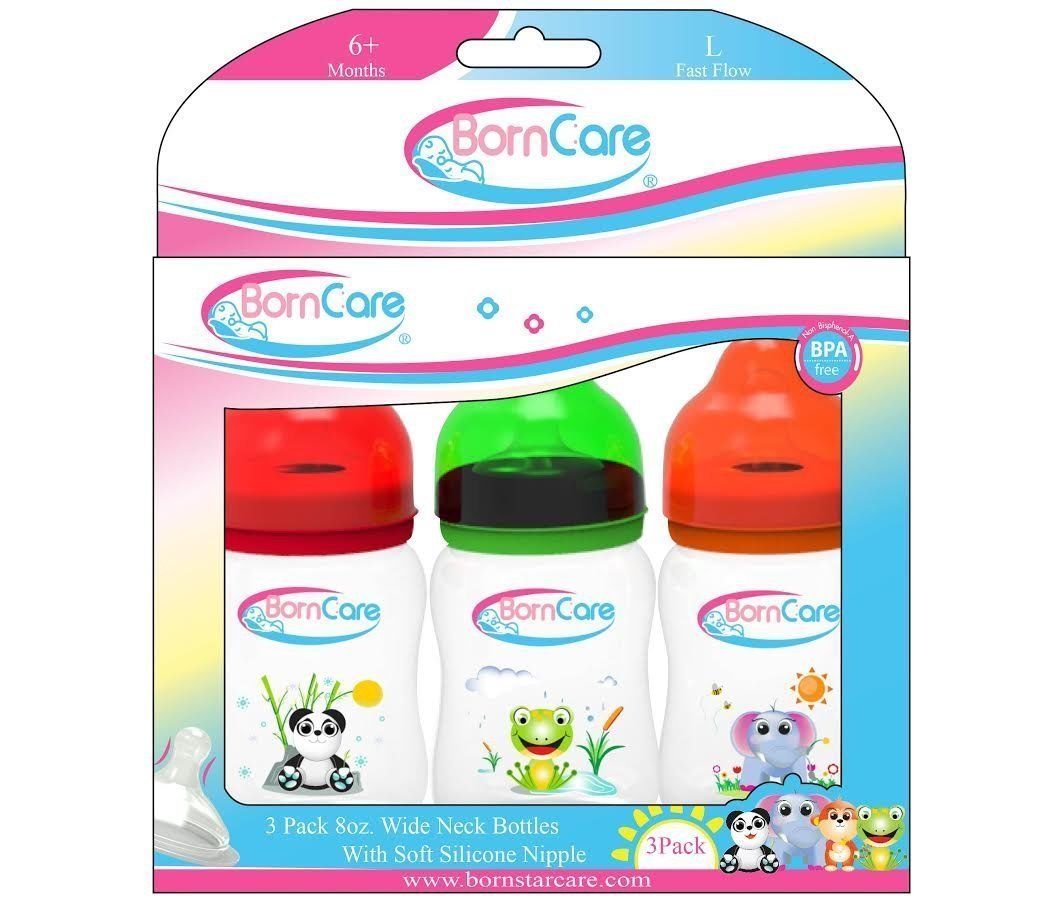 BornCare BCWS-163-3 8oz 250ml Wide Neck Feeding Bottle with Silicone N