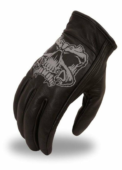 Men's Leather Motorcycle Gloves - Reflective Skull