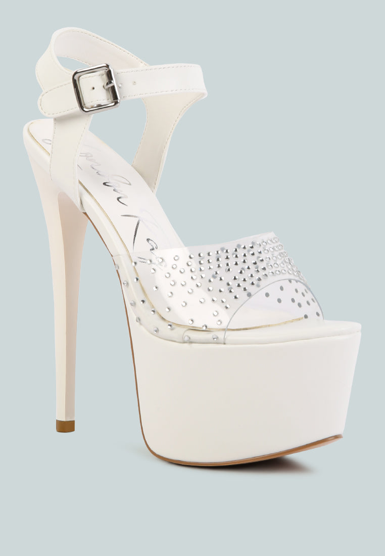 first date ultra high heel clear sandals