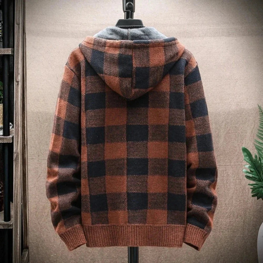 Mens Hooded Plaid Zipped Up Jacket