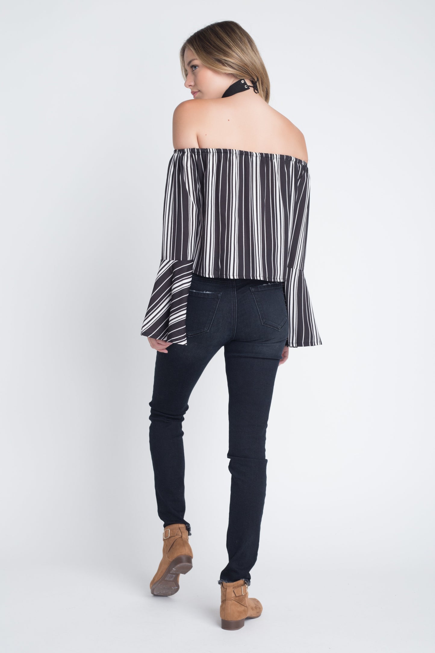 Women's Off Shoulder Casual Stripe Bell Sleeve Top