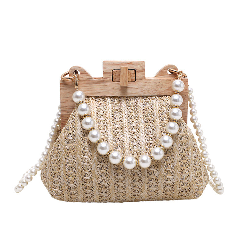 Women's Straw Beach Pearl Chain Woven Shoulder Bag