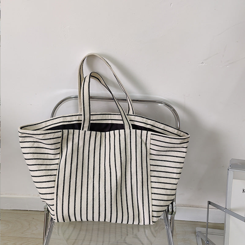 Canvas Bag For Women Ins Shoulder Large Capacity Idle Style Striped Fashion