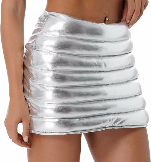 Womens Metallic Shiny Skirts Winter Warm A-Line Mini Skirt