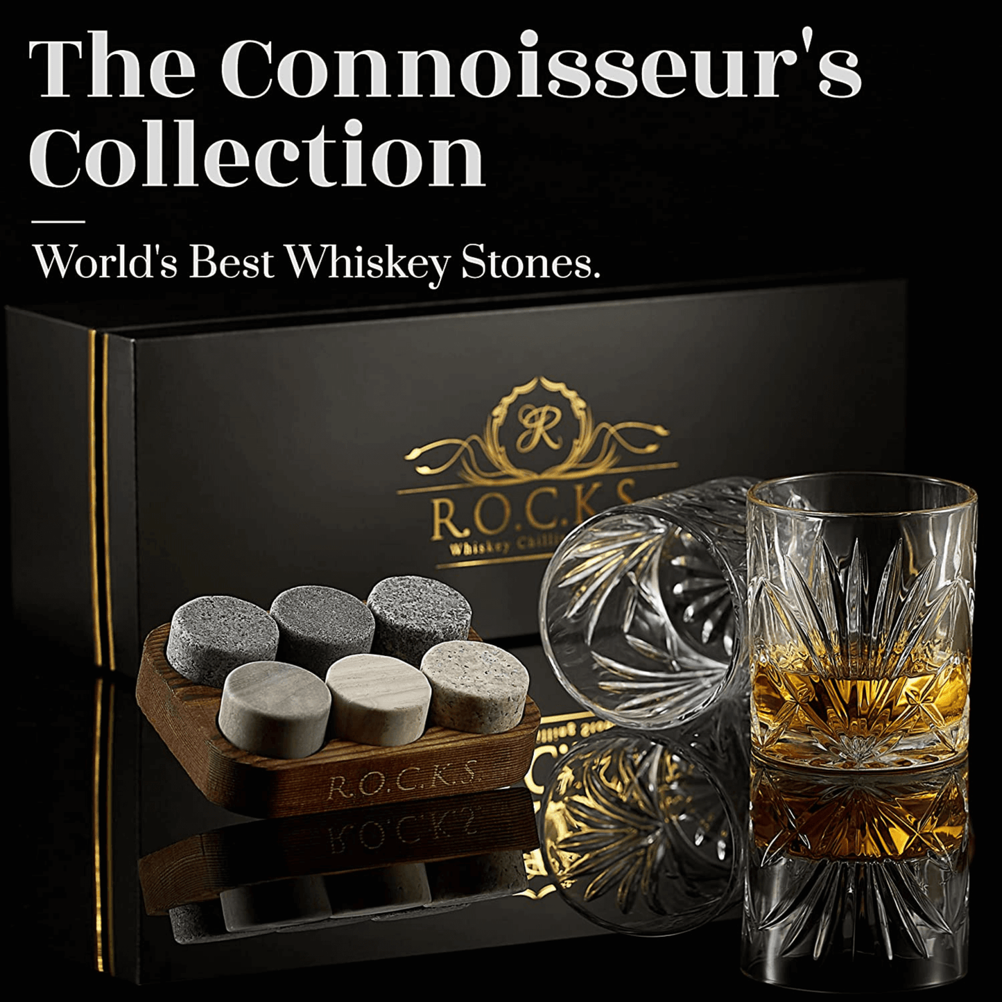 Whiskey Chilling Stones Gift Set With 2 Palm Crystal Glasses