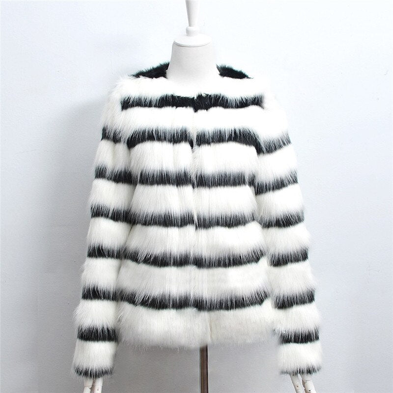 Winter Black and white striped faux fur coat fur coats Women Elegant