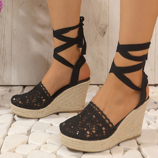 Women's Straw Woven Wedge High Heels Lace Lace-up Sandals