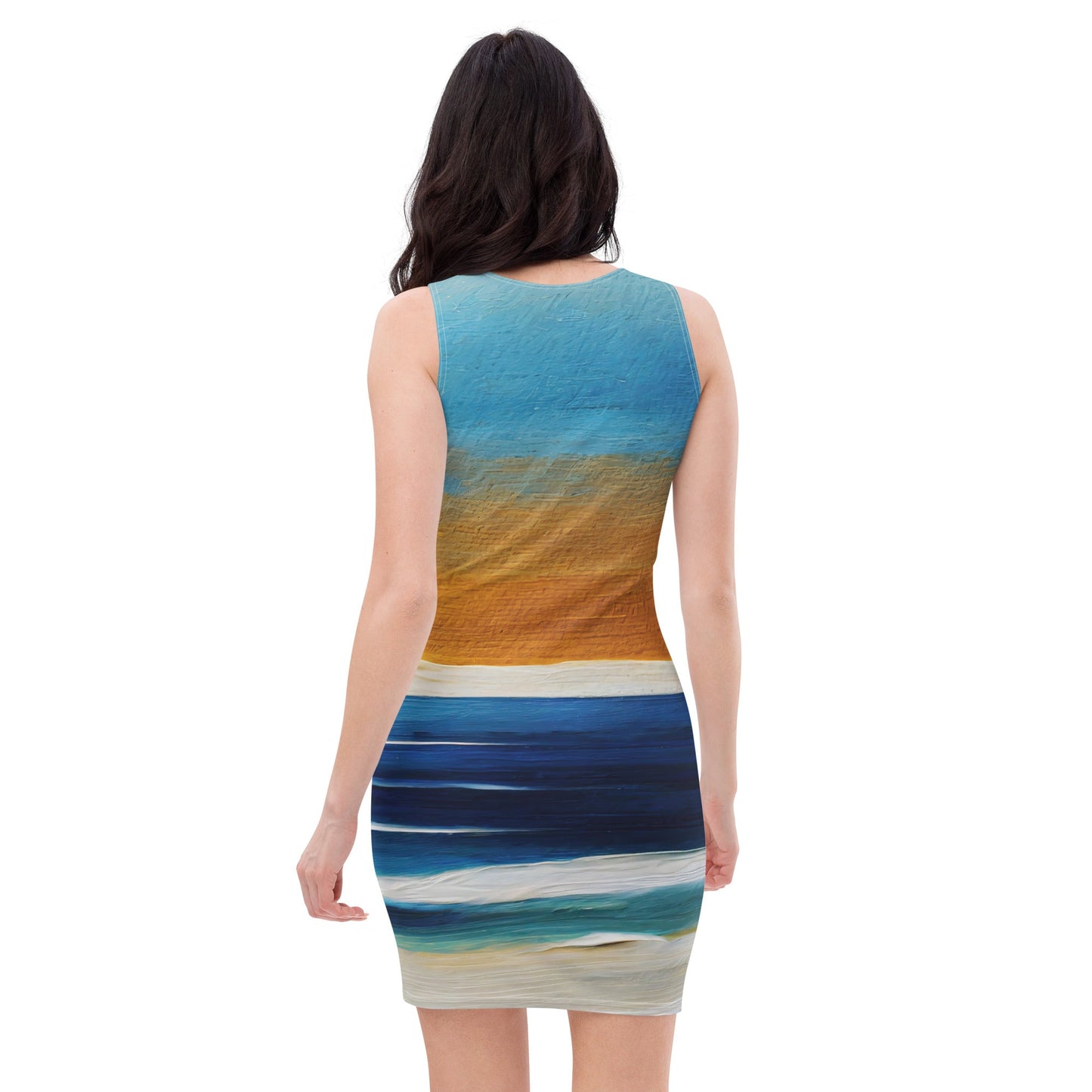 Womens Stretch Fit Bodycon Dress, Blue Ocean Golden Sunset Print 3