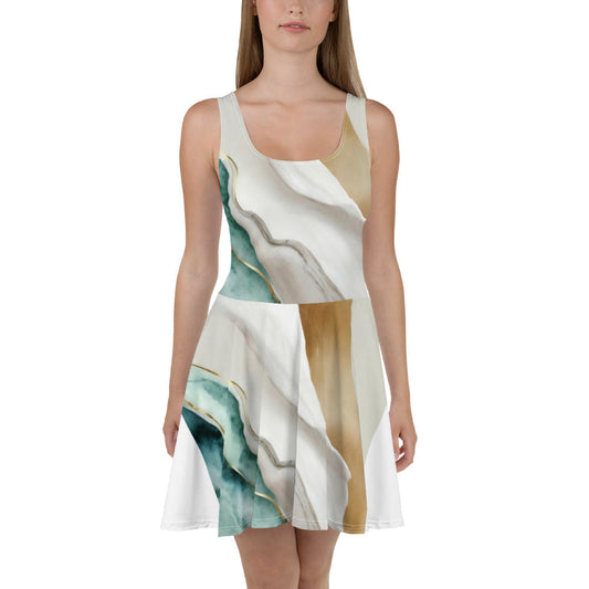 Womens Skater Dress, Cream White Green Marbled Print