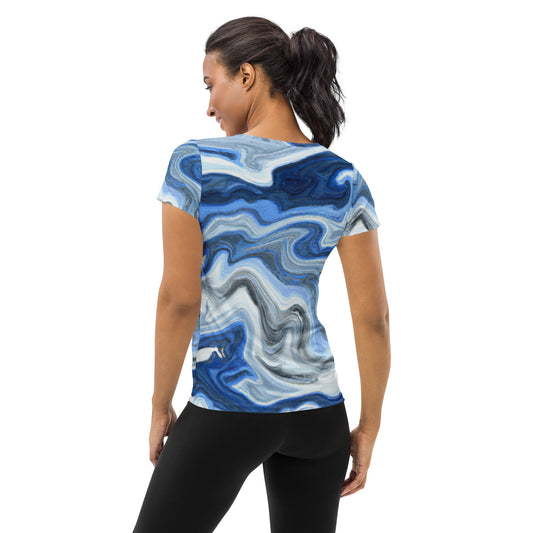 Womens Stretch Fit Athletic Sports T-shirt, Blue White Grey Marble