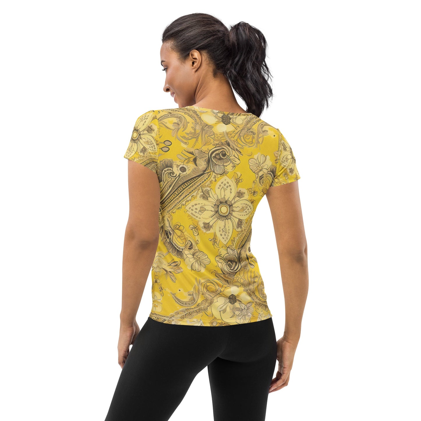 Womens Stretch Fit Athletic Sports T-shirt, Floral Yellow Bandanna