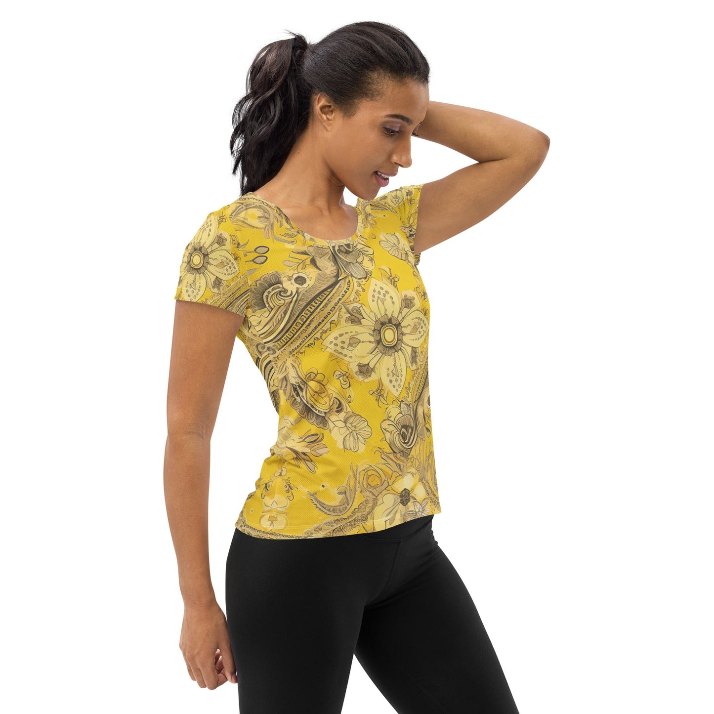 Womens Stretch Fit Athletic Sports T-shirt, Floral Yellow Bandanna