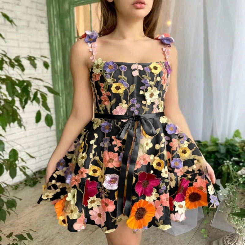 Three-Dimensional Flower Emboridered Print Dress