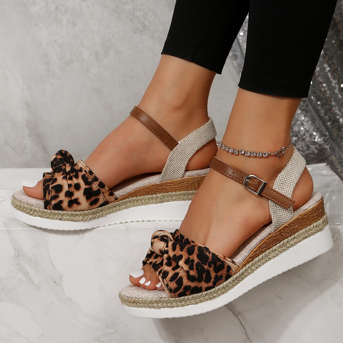 Casual Linen Buckle Wedges Bow Sandals