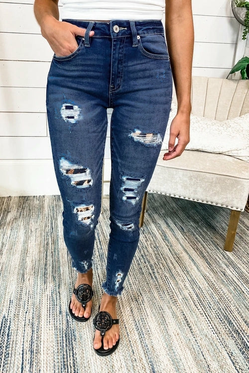 Dark Blue Leopard Patch Distressed Skinny Jeans