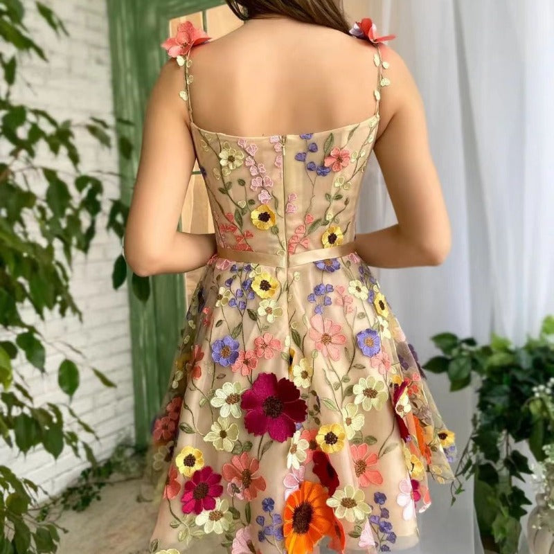 Three-Dimensional Flower Emboridered Print Dress