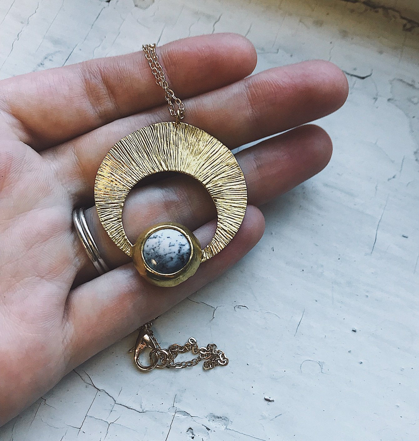 Crescent Moon Pendant with Dendritic Agate