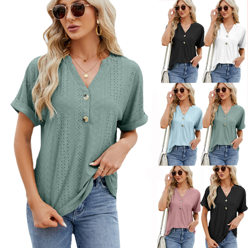 Casual V-Neck Rolled Hem Short-Sleeved Top