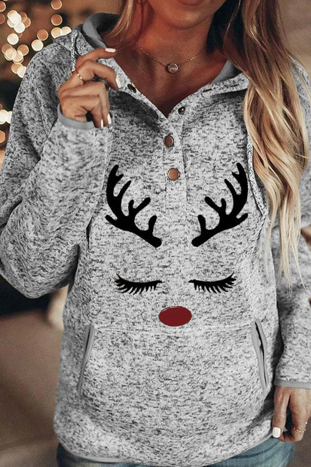 Christmas Reindeer Print Button Kangaroo Pocket Hoodie