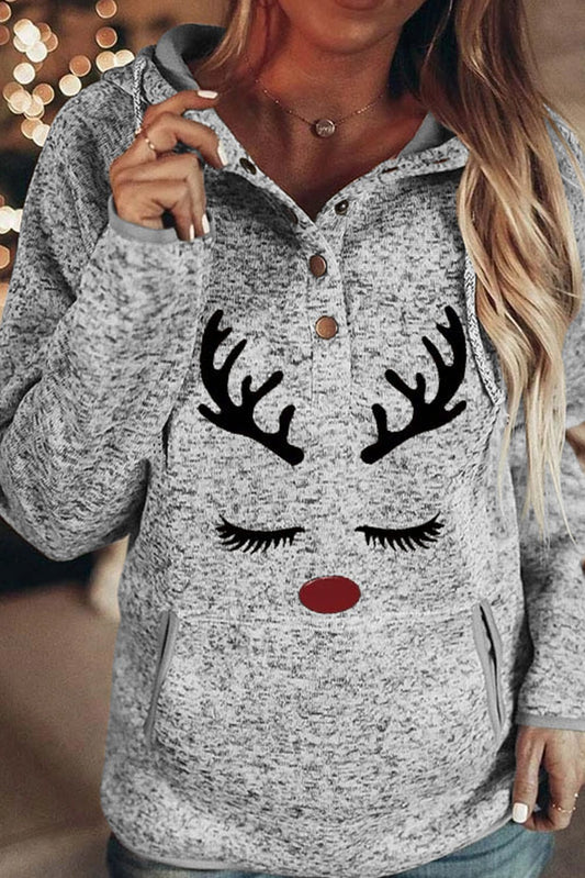 Christmas Reindeer Print Button Kangaroo Pocket Hoodie