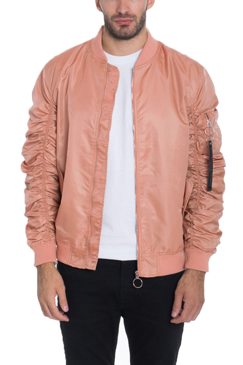 Solid Polyester Scrunched Windbreaker Bomber Jacket