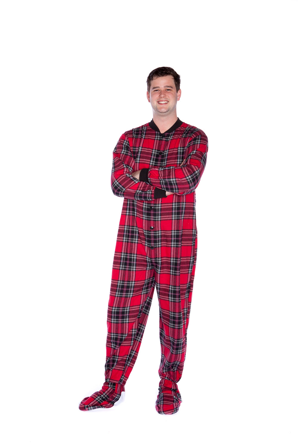 Adult Footed Onesie Pajamas Red Black Plaid Men & Women