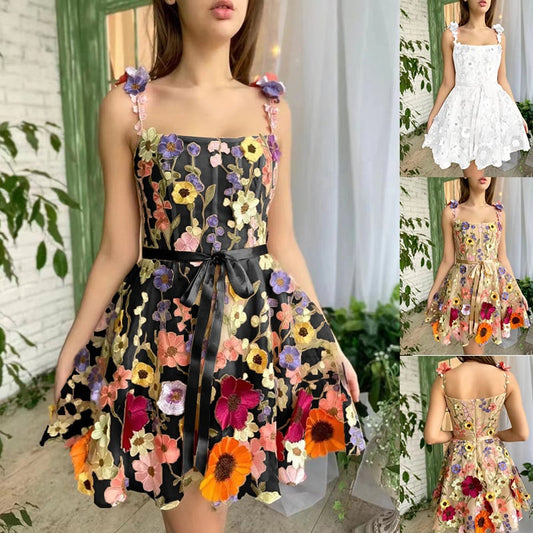 Three-Dimensional Flower Emboridered Print Dress
