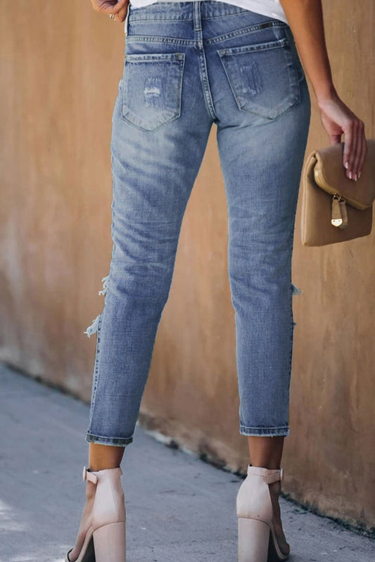 Fading Distressed Holes Crop Jeans