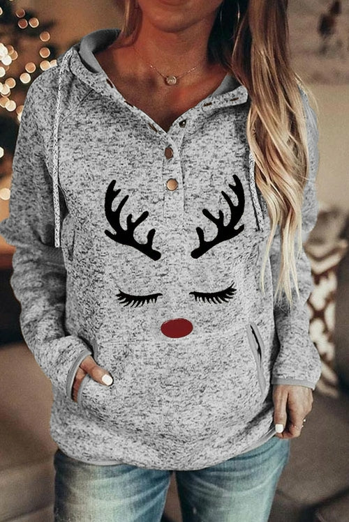 Christmas Reindeer Print Button Kangaroo Pocket Hoodie